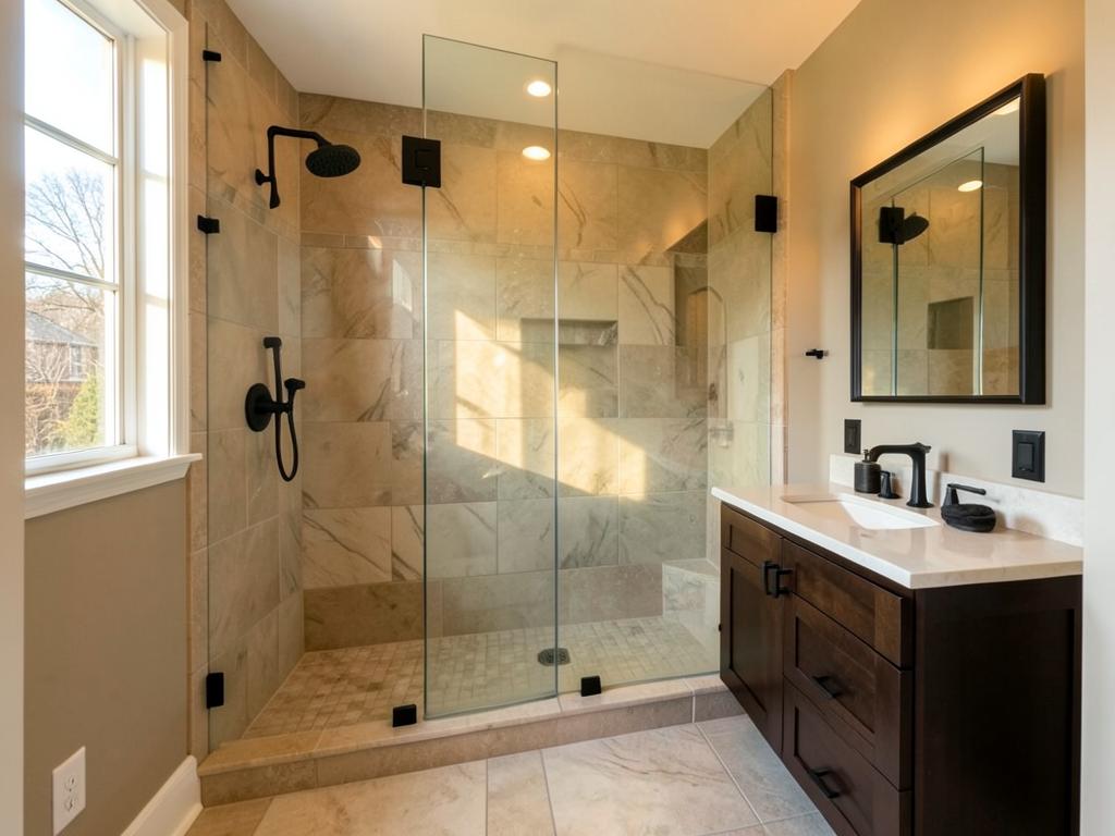 Finished bathroom remodel with tiled walk-in shower