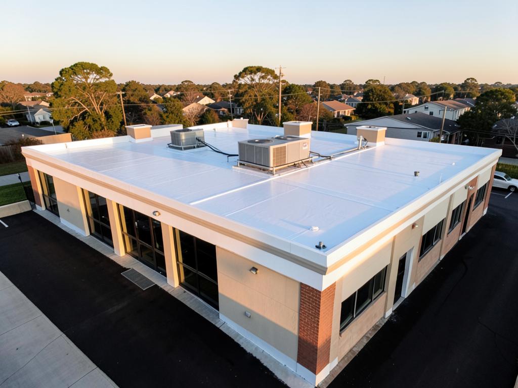 Flat white membrane roof on a small commercial building