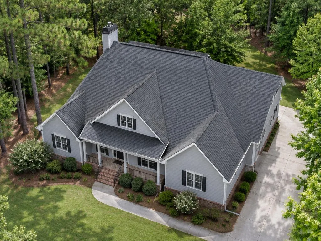 AI aerial illustration of a gray cross-gable shingle roof on a wooded Georgia-style home