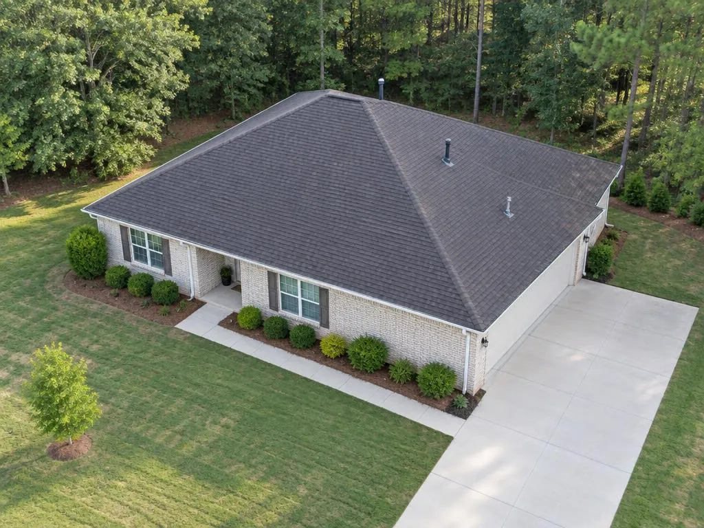 AI aerial illustration of a charcoal hip roof on a cream brick Georgia-style ranch