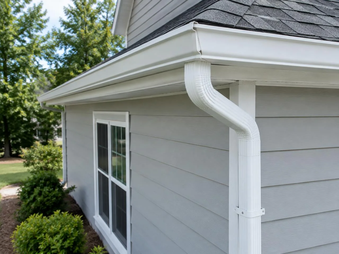 Generated view of seamless white gutters and a matching downspout on gray siding