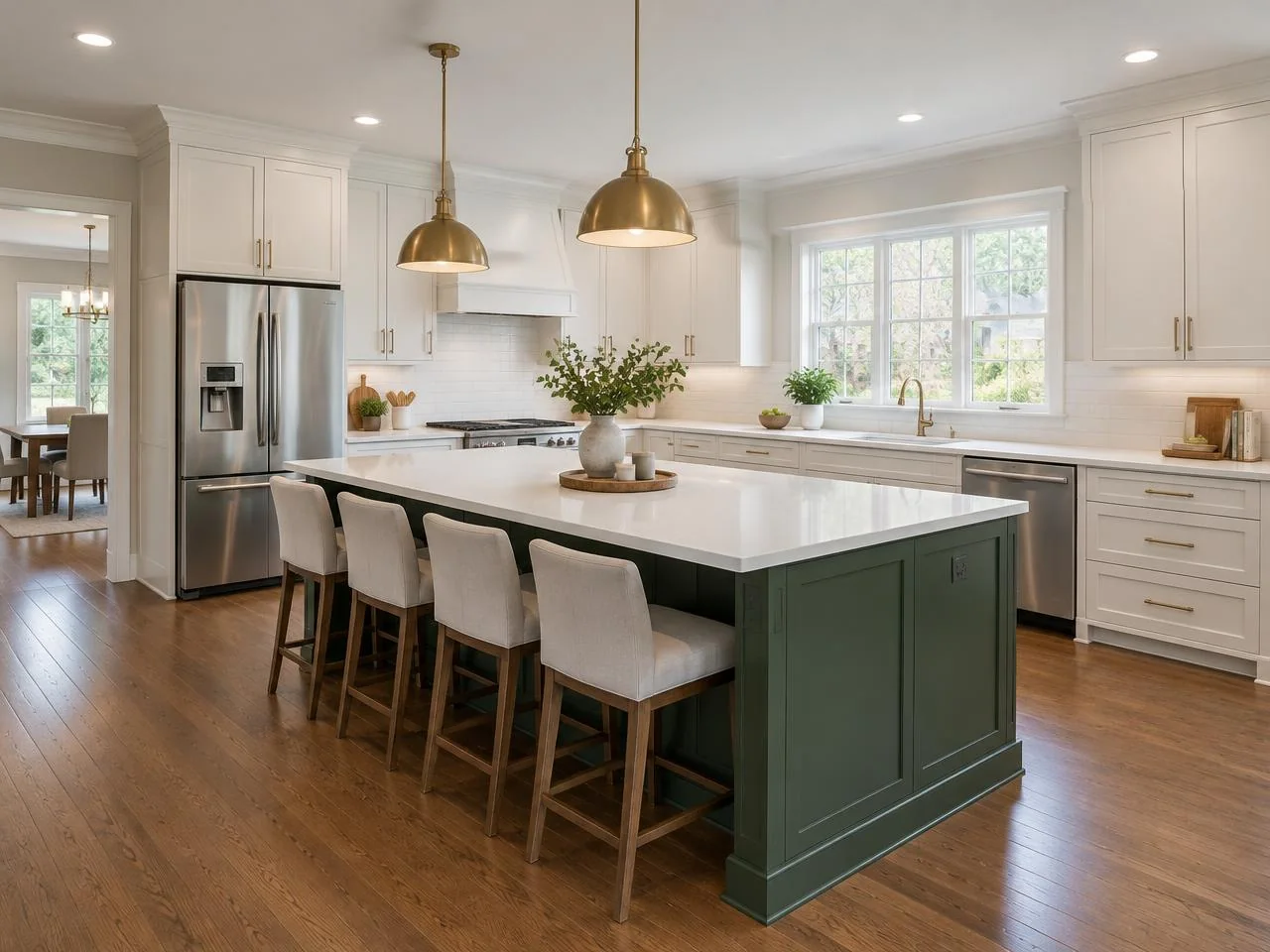 Generated kitchen design with white shaker cabinets, a green island, and quartz countertops